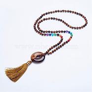 Natural Tiger Eye Beaded Necklaces, with Tassel Pendants, 30.7 inch~32.3 inch(78cm~82cm)(NJEW-P159-06)