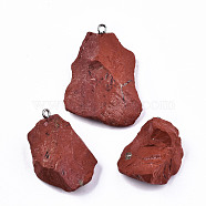 Natural Red Jasper Pendants, Rough Raw Stone, with 304 Stainless Steel Loops, Nuggets, Stainless Steel Color, 26~45x23~36x7~14mm, Hole: 2mm(G-N332-022-07)