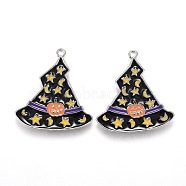 Halloween Theme Witch Hat Alloy Enamel Pendants, Magic Hat with Star and Moon & Pumpkin Pattern, Platinum, 26.5x24.5x1.5mm, Hole: 1.6mm(ENAM-J649-11P-02)