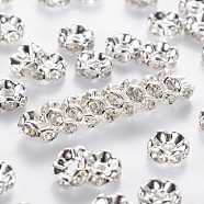 Brass Rhinestone Spacer Beads, Nickel Free, Rondelle, Grade A, Platinum Color, Clear, 7x3.2mm(RB-B029-B01-NF)