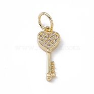 Rack Plating Brass Micro Pave Cubic Zirconia Pendants, Cadmium Free & Lead Free, Long-Lasting Plated, with Jump Ring, Heart Key Charm, Real 18K Gold Plated, 19x7x2.5mm, Hole: 2.5mm(KK-G451-08G)