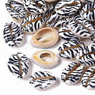 Printed Natural Cowrie Shell Beads, No Hole/Undrilled, with Zebra-stripe Pattern, Black, 18~21x12~15x7mm(X-SSHEL-R047-01-B01)