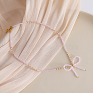 Feaceted Rondelle Glass Beaded Necklaces, Handmade Non-fading Bowknot Necklaces for Women, Pink(LK3957-10)