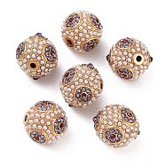 Golden Plated Alloy Rhinestone Beads, with ABS Imitation Pearl, Round, Tanzanite, 15x14mm, Hole: 1.6mm(FIND-E046-14G-04)