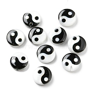 Printed Natural Freshwater Shell Beads, Yin Yang Flat Round Beads, Black, 8x2.5~3mm, Hole: 0.8mm(SHEL-R129-07A-01)