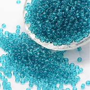 15/0 Glass Seed Beads, Grade A, Round, Transparent Colours, Dark Turquoise, 1.3~1.5mm, Hole: 0.5mm, about 75000pcs/pound(SEED-J013-F15-19)