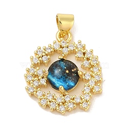 Rack Plating Brass Cubic Zirconia Enamel Pendants, Cadmium Free & Lead Free, Flat Round, Blue, Real 18K Gold Plated, 22x19x7mm, Hole: 3x4mm(KK-S380-11G)