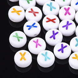 Initial Acrylic Beads, Horizontal Hole, Flat Round, Mixed Color, Letter.X, 7x3.5~4mm, Hole: 1.2mm(X-OACR-E001-20X)