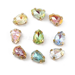 Brass Glass Rhinestone Sew on Rhinestones, Teardrop, Faceted, Mixed Color, Golden, 14x10x6.5mm, Hole: 0.8mm(RGLA-U001-10G-01)