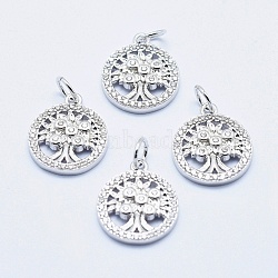 Brass Micro Pave Cubic Zirconia Charms, Long-Lasting Plated, Lead Free & Nickel Free & Cadmium Free, Flat Round with Tree, Real Platinum Plated, 14.5x12x2.5mm, Hole: 3mm(RB-I078-68P-NR)