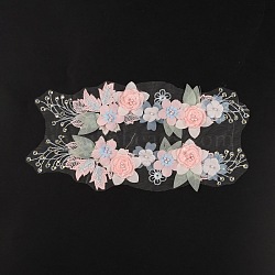 Polyester Embroidery Costume Accessories, Sewing Craft Decoration, with ABS Imitation Pearl & 3D Organza Flower, Pink, 155x305x5mm(DIY-WH0326-50)