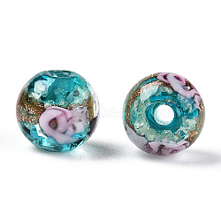 Luminous Handmade Gold Sand Lampwork Beads, Glow in the Dark, Round with Flower, Dark Turquoise, 12x11.5mm, Hole: 1.5mm(LAMP-T021-03S)