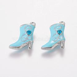 Alloy Enamel Pendants, Cadmium Free & Lead Free, with Rhinestones, Platinum Color, Boot, Sky Blue, about 16mm wide, 21mm long, hole: 1mm(E516-5)