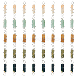 40Pcs 5 Styles Natural Mixed Gemstone Copper Wired Wrapped Connector Charms, Rectangle Links, Silver Color Plated, 24mm, Hole: 3mm, 8pcs/style(PALLOY-FH00008)