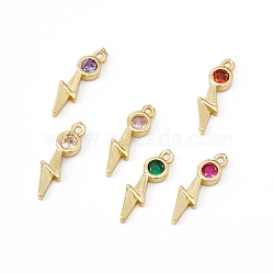 Brass Micro Pave Cubic Zirconia Pendants, Real 18K Gold Plated, Lightning, Mixed Color, 13.5x4x2mm, Hole: 0.9mm(ZIRC-H124-01G)