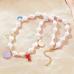 Ocean Brass Pave Cubic Zirconia and Enamel Sea Animals Pendant Necklaces, with White Imitation Pearl Beads, Cadmium Free & Lead Free, Rack Plating, Long-Lasting Plated, Real 18K Gold Plated, Colorful, Shell Shape, 17.64 inch(44.8cm)(KK-CBA4547-03B-G)