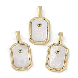 Rack Plating Brass Micro Pave Cubic Zirconia Pendants, with Shell, Long-Lasting Plated, Lead Free & Cadmium Free, Real 18K Gold Plated, Sheild with Twelve Constellations, Taurus, 20.5x10x2.5mm, Hole: 4.5x2mm(KK-U032-90G-06)