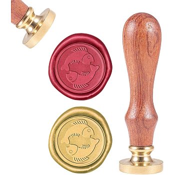 DIY Scrapbook, Brass Wax Seal Stamp and Wood Handle Sets, Fish, Golden, 8.9x2.5cm, Stamps: 25x14.5mm