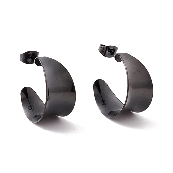 Ion Plating(IP) 304 Stainless Steel Chunky C-shape Stud Earrings, Half Hoop Earrings for Women, Electrophoresis Black, 21x11.5mm, Pin: 0.7mm