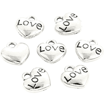 Valentine's Day Theme, Tibetan Style Alloy Charms, Heart with Word Love, Antique Silver, 8x8x3mm, Hole: 1mm