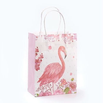 Rectangle Paper Bags, with Handles, Gift Bags, Shopping Bags, Flamingo Shape Pattern, For Valentine's Day, Pink, 21x15x8cmm