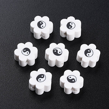 Handmade Polymer Clay Beads, for DIY Jewelry Crafts Supplies, Flower with Yinyang, White, 8~9x7.5~8.5x4~4.5mm, Hole: 1.6~1.8mm