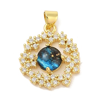 Rack Plating Brass Cubic Zirconia Enamel Pendants, Cadmium Free & Lead Free, Flat Round, Blue, Real 18K Gold Plated, 22x19x7mm, Hole: 3x4mm