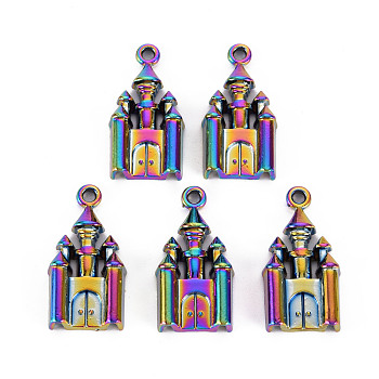 Rainbow Color Alloy Pendants, Cadmium Free & Nickel Free & Lead Free, Castle, 28x14x4mm, Hole: 2mm