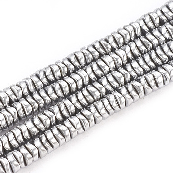 Electroplate Non-magnetic Synthetic Hematite Beads Strands, Wavy Disc, Platinum Plated, 4x1.5mm, Hole: 1mm, about 270pcs/strand, 16.1 inch