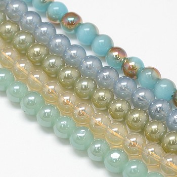 Electroplate Imitation Jade Glass Round Beads Strands, Rainbow Color Plated, Mixed Color, 8mm, Hole: 1mm, about 54pcs/strand, 15.7 inch