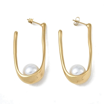 Pearl 304 Stainless Steel  Stud Earrings, Oval, Real 18K Gold Plated, 48.5x12mm