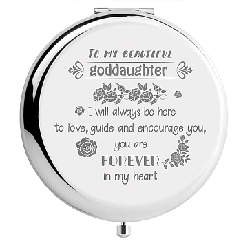 304 Stainless Steel Customization Mirror, Flat Round with Word, Rose Pattern, 70x65mm