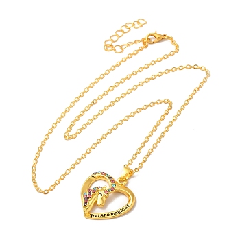 Colorful Rhinestone Heart with Unicorn Pandant Necklace with Cable Chains, Word You are Magical Alloy Jewelry for Women, Golden, 18.23 inch(46.3cm)