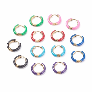 Two Tone 304 Stainless Steel Chunky Huggie Hoop Earrings with Enamel for Women, Golden, Mixed Color, 10 Gauge, 15~16x2.5mm, Pin: 1mm