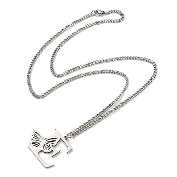 201 Stainless Steel Necklace, Letter E, 23.74 inch(60.3cm) p: 29x34x1.3mm
