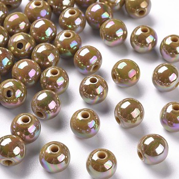 Opaque Acrylic Beads, AB Color Plated, Round, Dark Goldenrod, 10x9mm, Hole: 2mm, about 940pcs/500g
