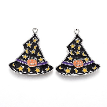 Halloween Theme Witch Hat Alloy Enamel Pendants, Magic Hat with Star and Moon & Pumpkin Pattern, Platinum, 26.5x24.5x1.5mm, Hole: 1.6mm