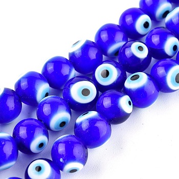 Handmade Evil Eye Lampwork Round Bead Strands, Medium Blue, 10mm, Hole: 1mm, about 39pcs/strand, 14.96 inch