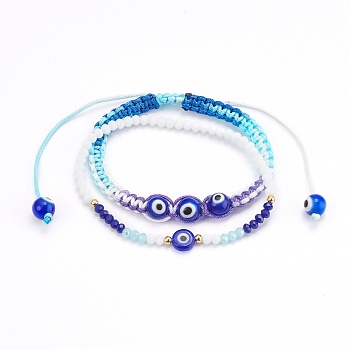 Adjustable Polyester Cord Braided Bead Bracelets & Stretch Bracelets Set, with  Glass Beads and Evil Eye Lampwork Beads, Mixed Color, Inner Diameter: 2-1/8 inch(5.5cm) and 2~2-1/4 inch(5.2~5.8cm), 2pcs/set