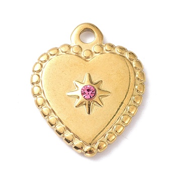 Ion Plating(IP) 304 Stainless Steel Pendants, with Rhinestone, Heart, Golden, 21x17x3.5mm, Hole: 2mm