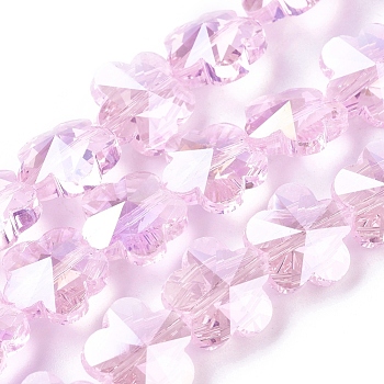 Electroplate Glass Beads Strands, AB Color Plated, Faceted, Flower, Pink, 13.5x8mm, Hole: 1mm, about 25pcs/strand, 12.5 inch(32cm)