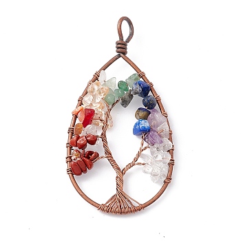 7 Chakra Teardrop Natural Mixed Stone Copper Wire Wrapped Chip Big Pendants, Tree of Life Charm, with Red Copper Tone Iron Findings, 76~83x39~43x8mm, Hole: 5~6.2mm