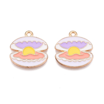 Alloy Enamel Pendants, Light Gold, Lead Free & Cadmium Free, Pearl Oysterl Shape Charm, Lavender, 20.5x19.5x1mm, Hole: 1.8mm