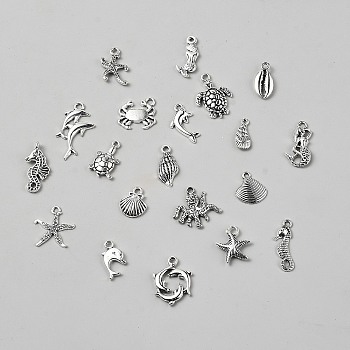 20Pcs 20 Styles Ocean Tibetan Style Alloy Pendants, Mixed Shapes, Antique Silver, 15~28.5x6~20x2~3mm, Hole: 1~1.2mm, 1pc/style