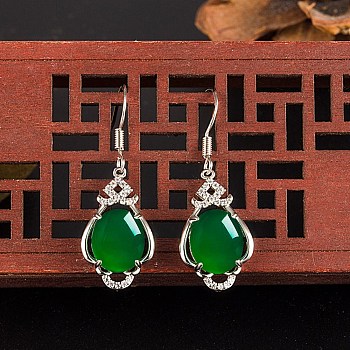 Half Round Imitation Jade Dangle Earrings for Girl Women, Brass Micro Pave Cubic Zirconia Earrings, Green, Platinum