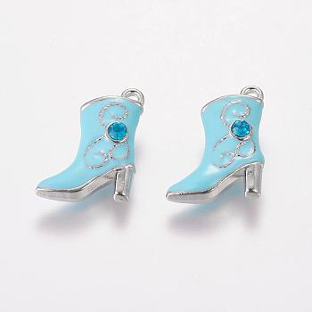 Alloy Enamel Pendants, Cadmium Free & Lead Free, with Rhinestones, Platinum Color, Boot, Sky Blue, about 16mm wide, 21mm long, hole: 1mm