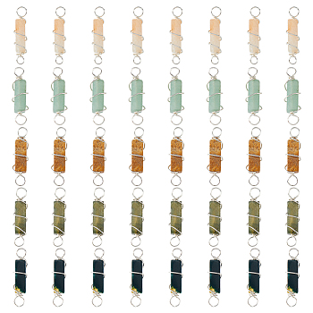 40Pcs 5 Styles Natural Mixed Gemstone Copper Wired Wrapped Connector Charms, Rectangle Links, Silver Color Plated, 24mm, Hole: 3mm, 8pcs/style