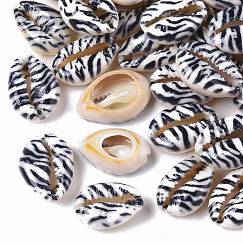 Printed Natural Cowrie Shell Beads, No Hole/Undrilled, with Zebra-stripe Pattern, Black, 18~21x12~15x7mm