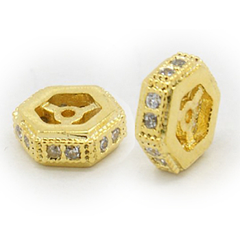 Brass Cubic Zirconia Beads, Hexagon, Golden, 8x8x2.5mm, Hole: 0.5mm