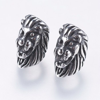 304 Stainless Steel European Beads, Large Hole Beads, Lion Head, Antique Silver, 13.5x7.5x10mm, Hole: 5mm